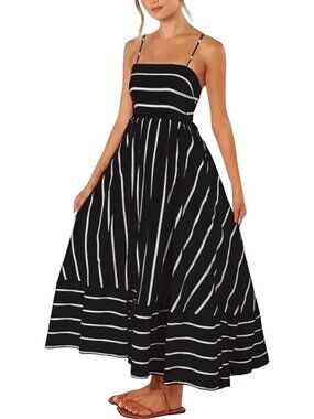 Women's Black Summer Maxi Spaghetti Strap Striped Long Dresses Vacation Beach